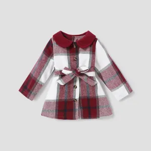 Toddler Girl Doll Collar Plaid Button Design Belted Thin Coats #208367