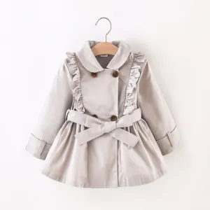 Toddler Girl Doll Collar Ruffled Double Breasted Belted Trench Coat #1003078