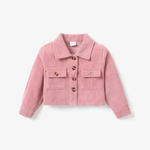 Toddler Girl Lapel Collar Button Design Pocket Pink Ribbed Jacket Coat #191957