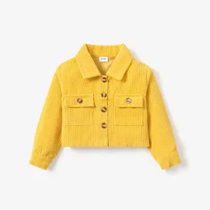 Toddler Girl Lapel Collar Button Design Pocket Pink Ribbed Jacket Coat #191974