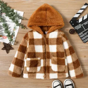 Toddler Girl Plaid Design Zipper Hooded Fluffy Jacket Coat #1003407