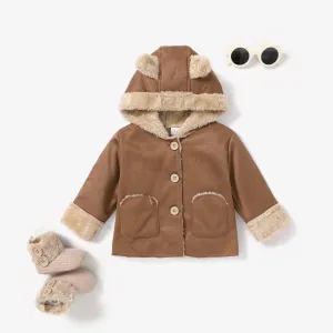 3D Ear Solid Suede and Fleece Long-sleeve Baby Hooded Coat Jacket #192665