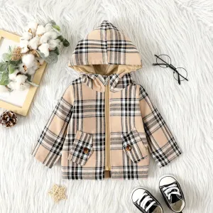 Baby Boy Khaki Plaid Hooded Long-sleeve Zipper Jacket #834020