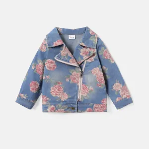 Baby Girl 95% Cotton Allover Floral Print Lapel Collar Long-sleeve Zipper Denim Jacket #235647