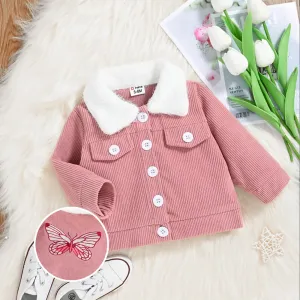 Baby Girl Butterfly Embroidered Pink Corduroy Fuzzy Collar Jacket #227549
