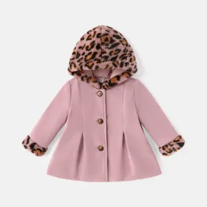 Baby Girl Leopard Fuzzy Fleece Hooded Single Breasted Coat #235979