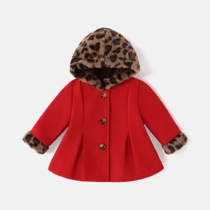 Baby Girl Leopard Fuzzy Fleece Hooded Single Breasted Coat #235986