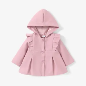 Baby Girl Pink Ruffle Trim Single Breasted Hooded Long-sleeve Coat #891972