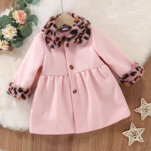Baby Solid Pink Wool Blend Coat with Leopard Faux Fur Collar #984229