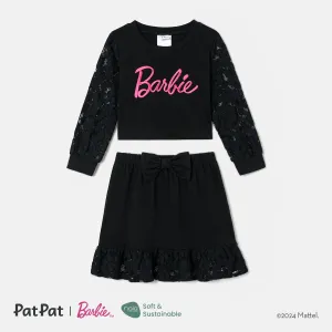 Barbie Sibling Matching Letter Embroidered Guipure Lace Panel Long-sleeve Skirt Set and Bodysuit Dress #1053730