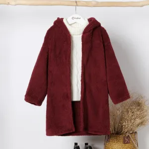 Kid Boy/Kid Girl Solid Color Hooded Fuzzy Coat Jacket #194483