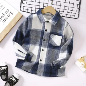 Kid Boy Lapel Collar Button Design Long-sleeve Plaid Shirt #205358