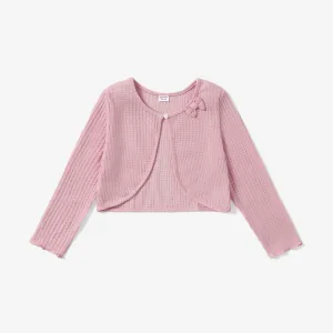 Kid Girl Bowknot Design Waffle Solid Color Cardigan #1096071