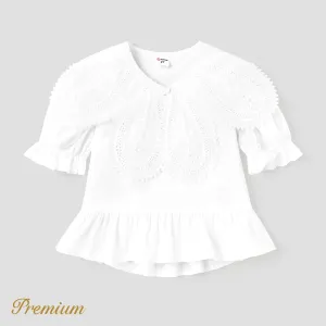 Kid Girl V Neck Eyelet Embroidery Solid Puff-sleeve Top #912215