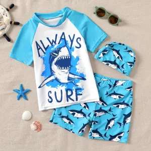 3pcs Kid Boy Shark Print Top & Swim Trunks & Swimming Cap Set #925186
