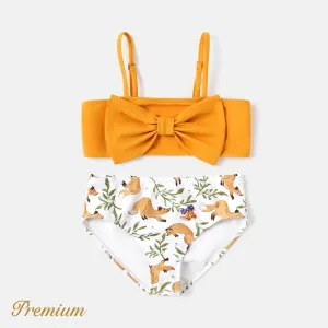 2pcs Kid Girl Bow Front Solid & Animal Print Two-piece Swimsuit Set #908469