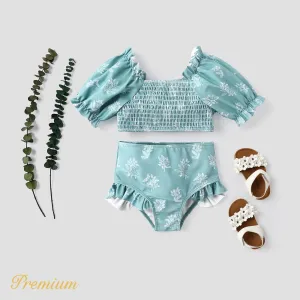 2pcs Toddler Girl Allover Plant Print Puff-sleeve Shirred Crop Top & Shorts Two-piece Swimsuit Set #890744