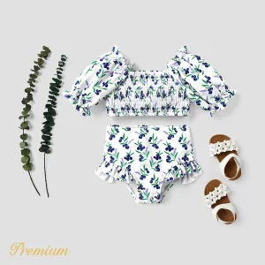 2pcs Toddler Girl Allover Plant Print Puff-sleeve Shirred Crop Top & Shorts Two-piece Swimsuit Set #890749