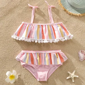 2Pcs Toddler Girl Colorful Stripe Pom Pom Decor Two-piece Swimsuit Set #847821