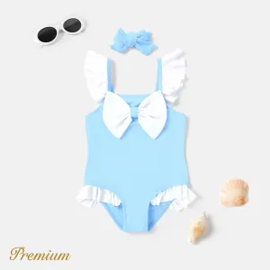2pcs Toddler Girl Headband and Bow Front Ruffled One Piece Swimsuit #1034336