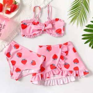 3pcs Kid Girl Strawberry Print Knot Front Swimsuit Set #882323