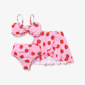 3pcs Kid Girl Strawberry Print Knot Front Swimsuit Set #882328