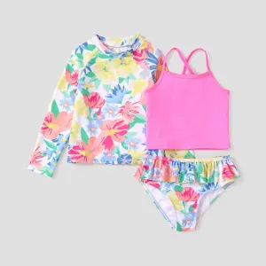 3pcs Kid Girl Sweet Tropical Print  Swimsuits Set #1316012