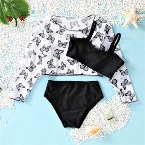 3pcs Kid Girl's Butterfly Swimwear Set with Animal Pattern and Hanging Strap #1323591