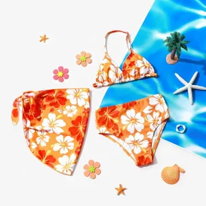 3pcs Kid Girl's Tropical Floral Cold Sleeve Top/ Raceback/Bottom Swimsuit Set #1321924