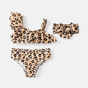 3Pcs Toddler Girl Leopard Print Ruffled Two-piece Swimsuit Set #847826