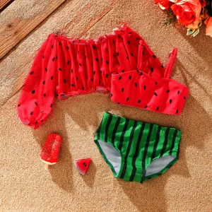 3pcs Toddler Girl Watermelon Off-shoulder Swimsuit Set #1323060