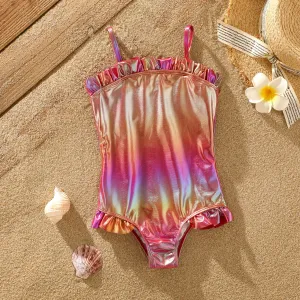 Girl's Sweet Ruffle Solid Color One-Piece Swimsuit Set - Polyester/Spandex Tight Swimwear for Kids #1323249