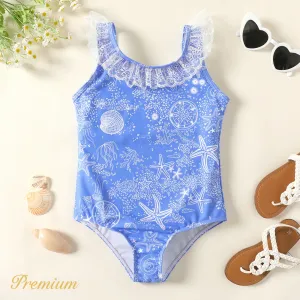 Kid Girl Blue Ocean Graphic Lace Detail One-piece Swimsuit #881888