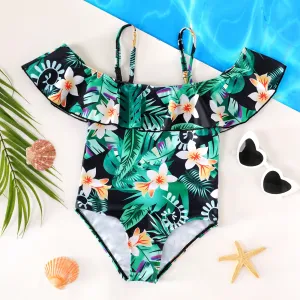 Kid Girl Floral & Plant Print Ruffled One Piece Swimsuit #922514