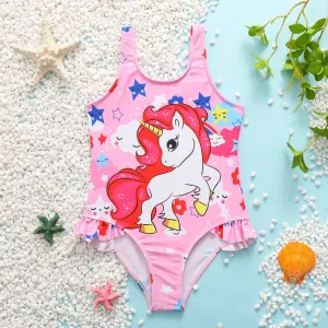 Kid Girl Unicorn Print Sleeveless Onepiece Swimsuit #725410