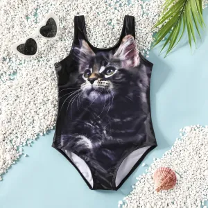 Kid Girl's Childlike Black Cat Pattern Tight Swimsuit Set #1323581