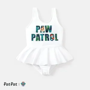 PAW Patrol Sibling Matching Letter Graphic Ruffle Trim One-Piece Swimsuit and Allover Plant Print Swim Trunks #816264