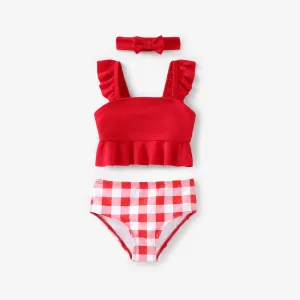 Toddler Girl 3pcs Ruffled Top and Shorts and Headband Swimsuits Set #1338483