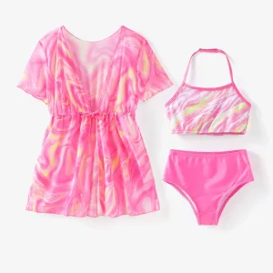 Toddler Girl 3pcs Tie-dyed Smock and Halter Neck Camisole and Shorts Swimsuits Set #1330078