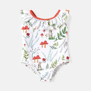 Toddler Girl Allover Rabbit Print Ruffled Collar One-piece Swimsuit #872119