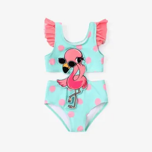 Toddler Girl Cat/Flamingo Applique Polka Dots Print Ruffled One-Piece Swimsuit #1325809