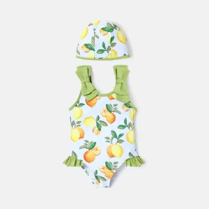 Toddler Girl Floral Print Ruffled Bowknot Design Sleeveless Onepiece Swimsuit #803496