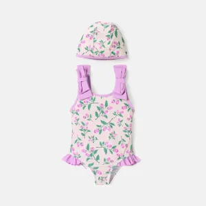Toddler Girl Floral Print Ruffled Bowknot Design Sleeveless Onepiece Swimsuit #803501