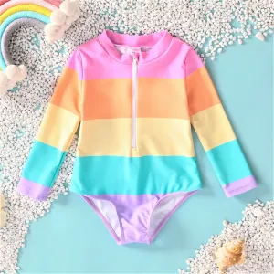 Toddler Girls Rainbow Striped One-Piece Swimsuit with Heart-Shaped Zipper #1324111