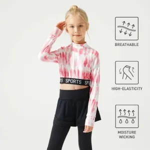Activewear Kid Girl Letter Print Tie Dyed Mock Neck Long-sleeve Fitted Tee #831595