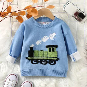 Baby Boy Locomotive Graphic Drop Shoulder Knitted Pullover Sweater #223372