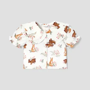 Baby Girl 100% Cotton Allover Animal Print Ruffle Collar Puff-sleeve Top