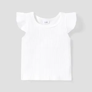Baby Girl 100% Cotton Ribbed Solid Flutter-sleeve Tee