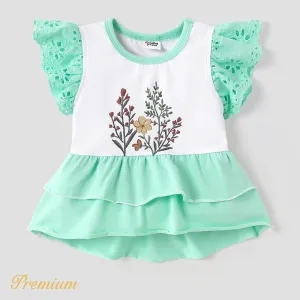 Baby Girl Cotton Floral Print Flutter-sleeve Layered Hem Tee