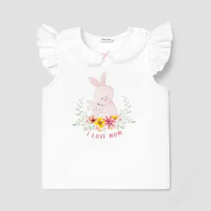 Baby Girl Cotton Flutter-sleeve Mesh Peter Pan Collar Rabbit & Letter Print Tee #807780